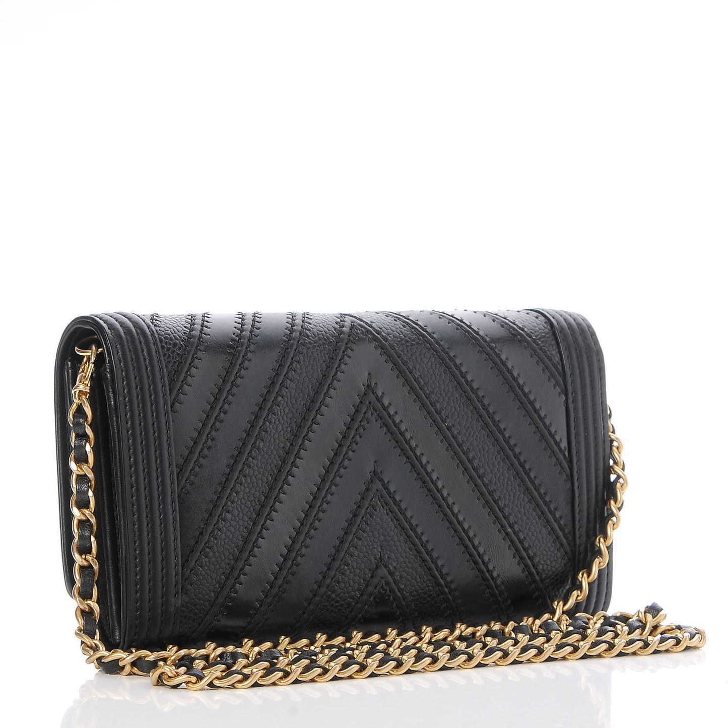 Calfskin Caviar Quilted Chevron Mixed Boy Wallet On Removable Chain Black