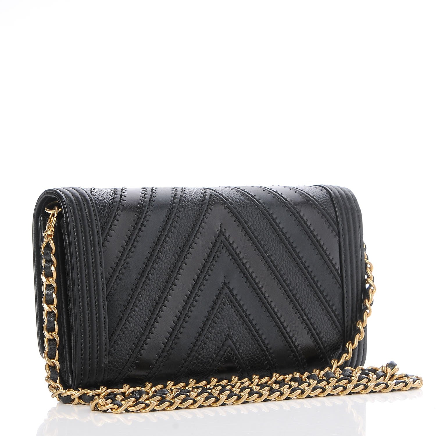 Chanel Calfskin Caviar Quilted Chevron Mixed Boy Wallet On Removable Chain Black 3 of 9