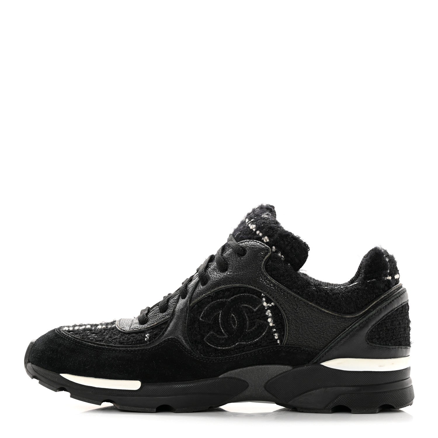 Chanel Tweed Suede Goatskin CC Sneakers 39 Black White 1 of 22