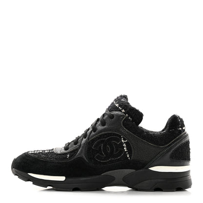 Chanel Tweed Suede Goatskin CC Sneakers 39 Black White 1 of 22