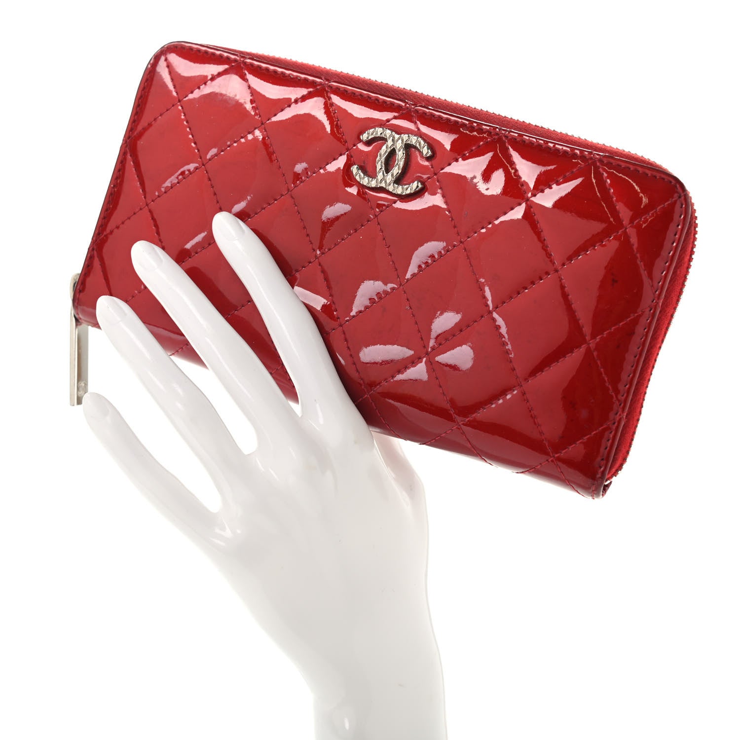 Chanel Patent Quilted Brilliant Zip Around Wallet Red 2 of 11