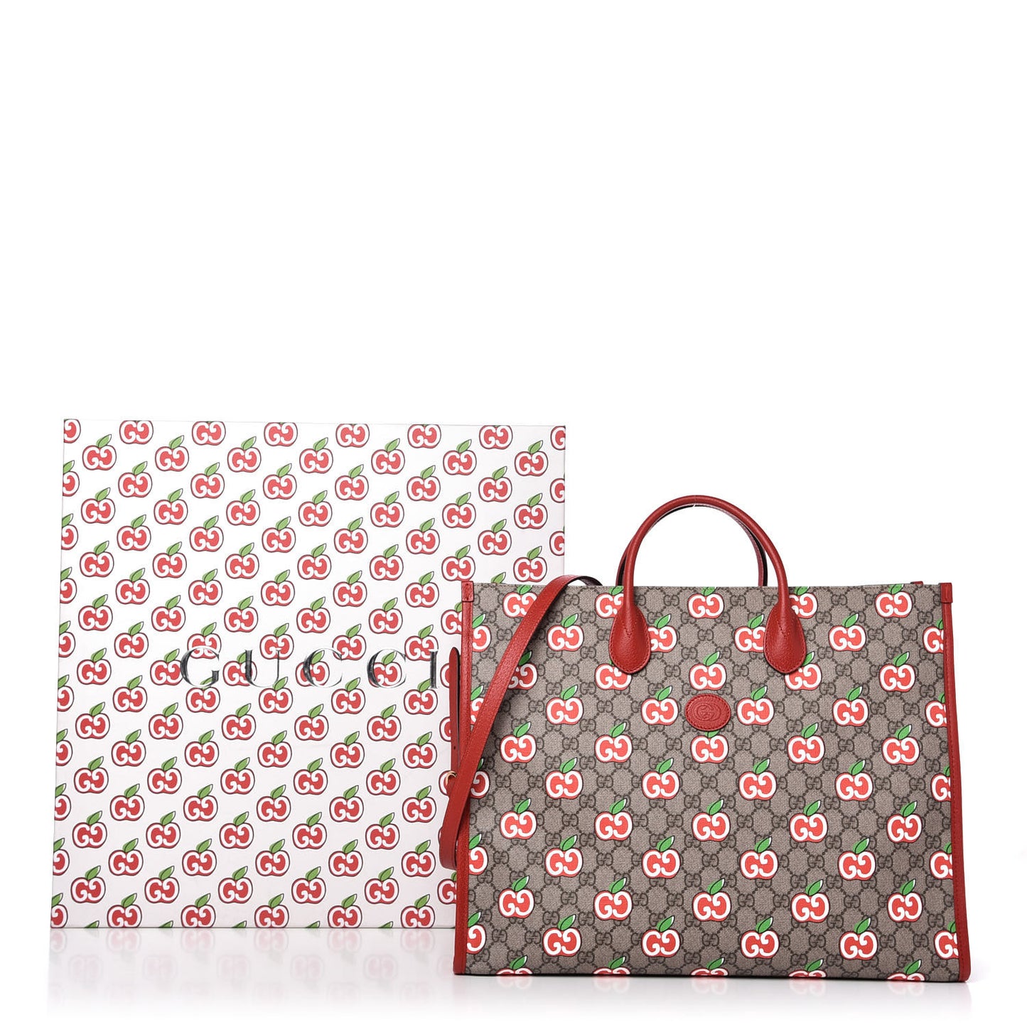 GG Supreme Monogram Apple Dollar Calfskin Large Retro Interlocking G Tote Bag Beige Ebony Multicolor Lobster Red