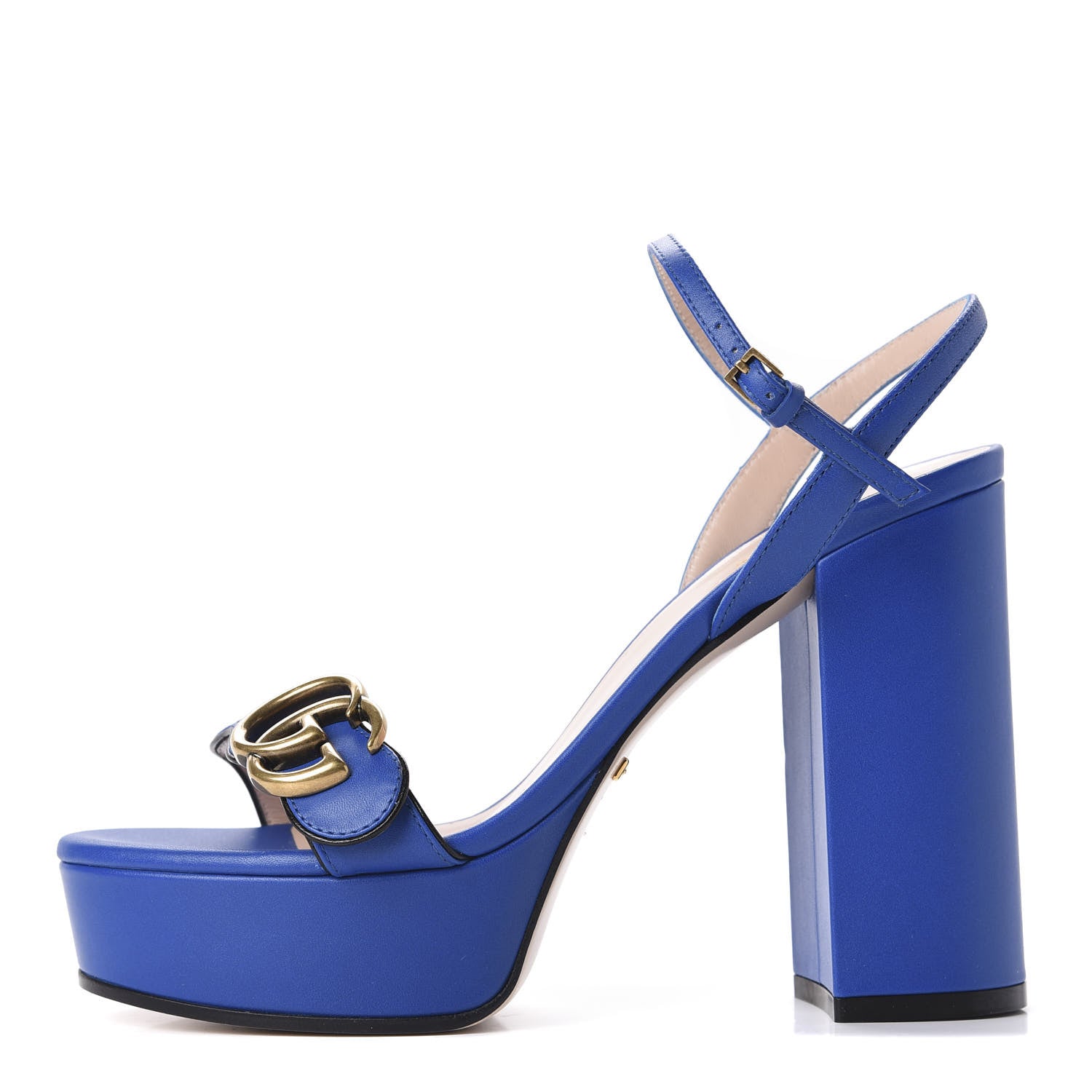 Gucci Calfskin GG Marmont Ankle Wrap 30/115mm Platform Sandals 36.5 Bright Blue 1 of 9