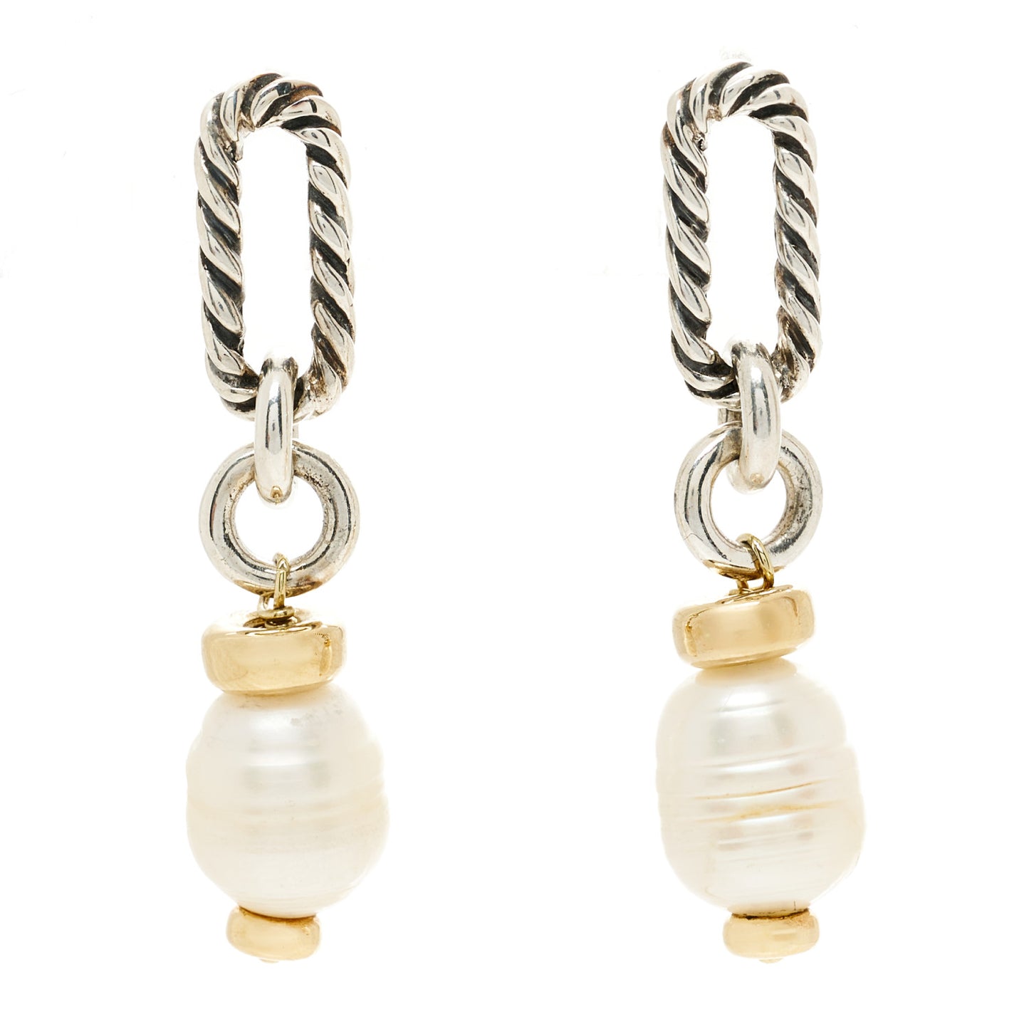 Sterling Silver 18K Yellow Gold Pearl Figaro Drop Earrings