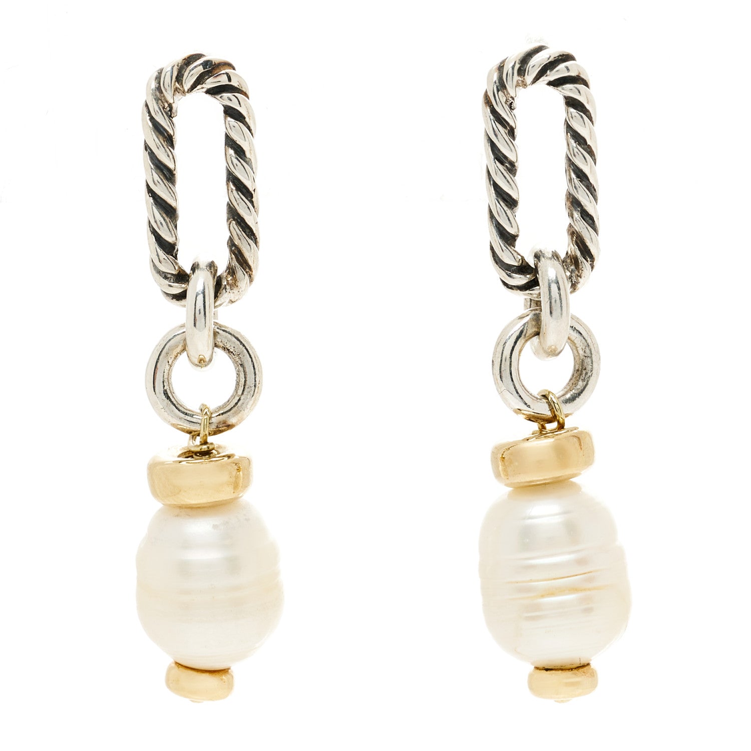 David Yurman Sterling Silver 18K Yellow Gold Pearl Figaro Drop Earrings 1 of 4