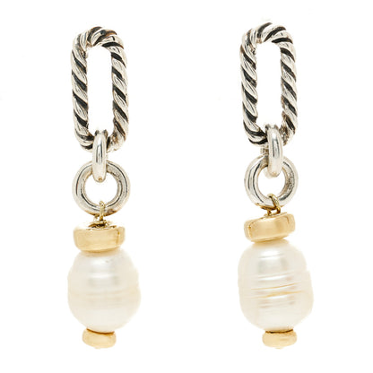 David Yurman Sterling Silver 18K Yellow Gold Pearl Figaro Drop Earrings 1 of 4