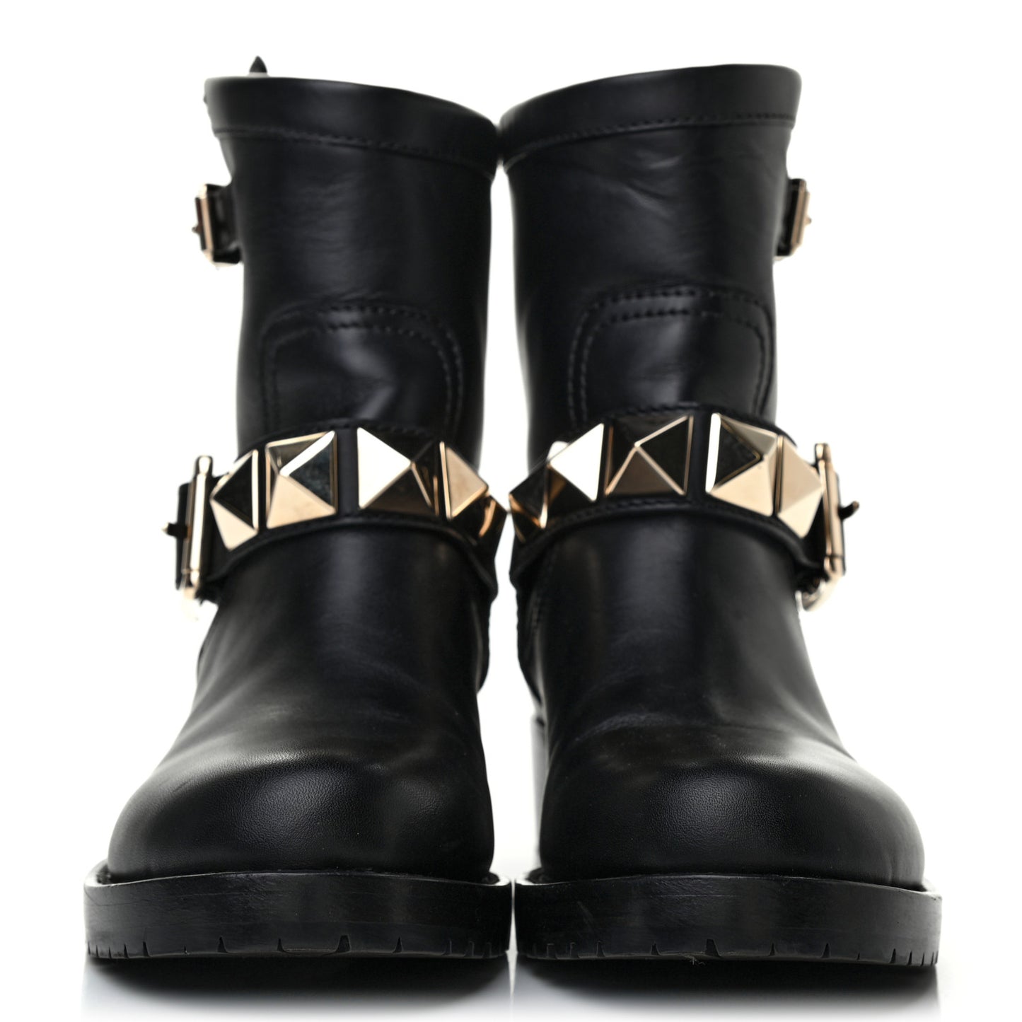 Calfskin Lock Studded 30mm Biker Boots 35.5 Black