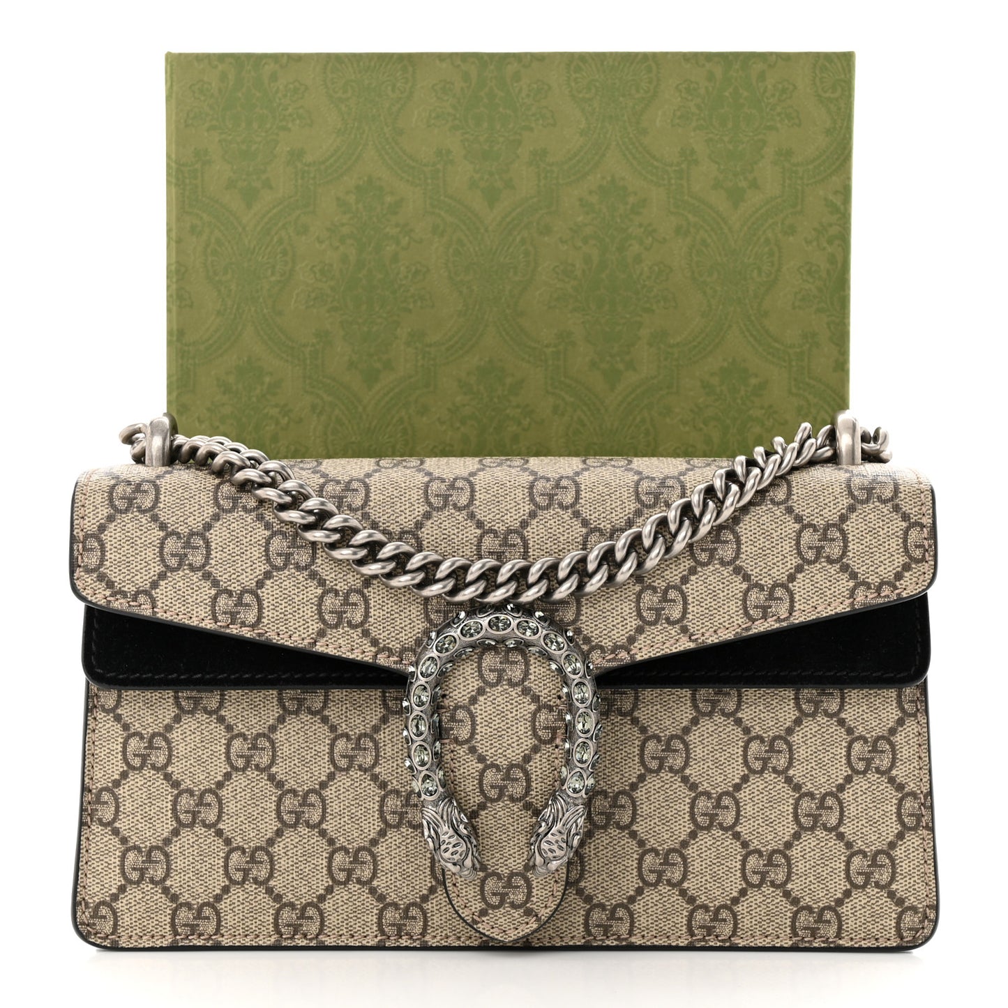 GG Supreme Monogram Suede Crystal Small Dionysus Shoulder Bag Beige Ebony Black