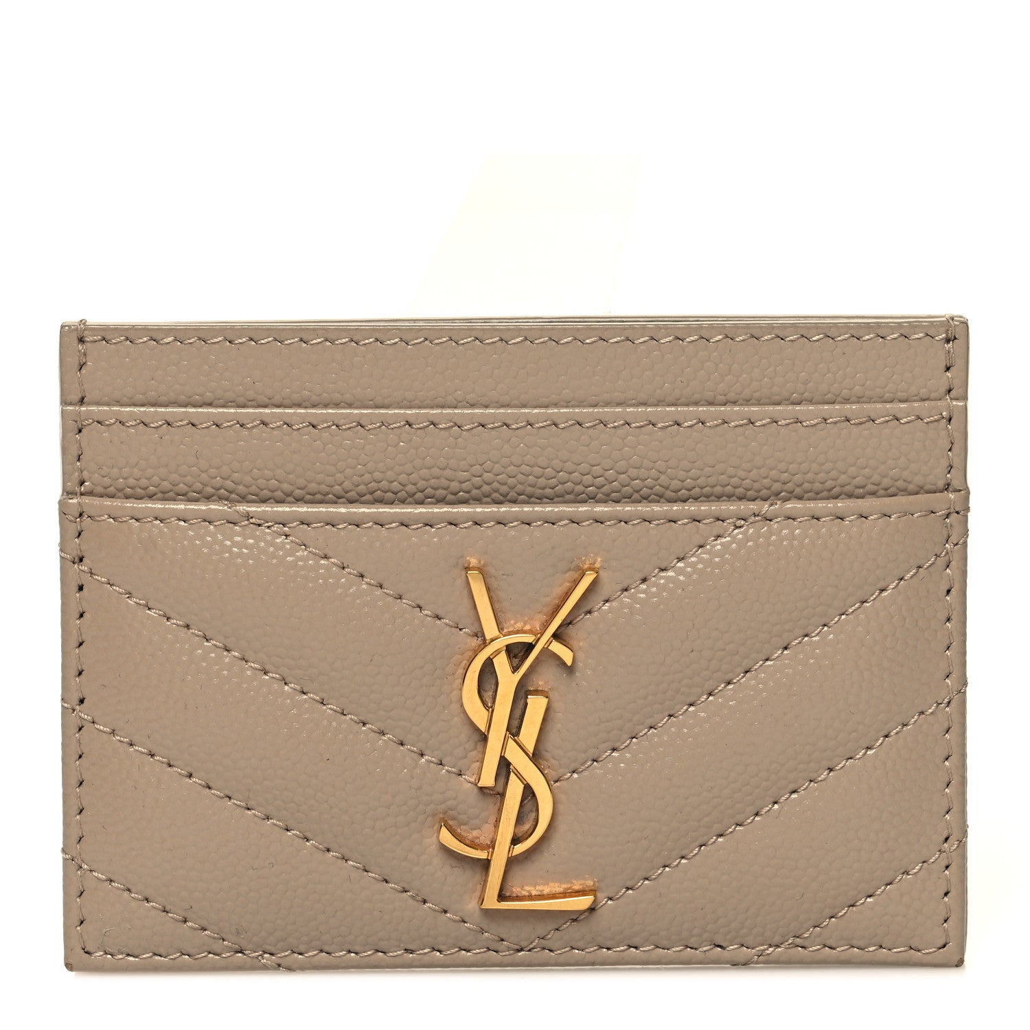 Saint Laurent Grain De Poudre Matelasse Chevron Monogram Credit Card Case Dark Beige 1 of 9
