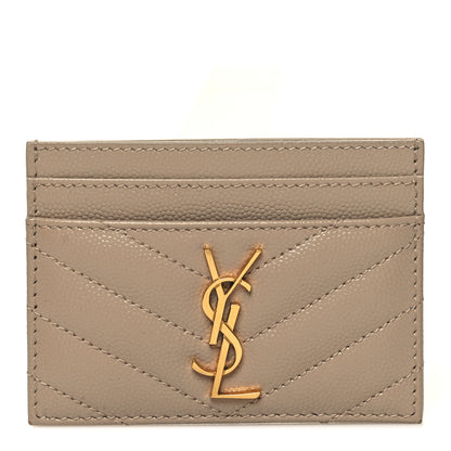 Saint Laurent Grain De Poudre Matelasse Chevron Monogram Credit Card Case Dark Beige 1 of 9