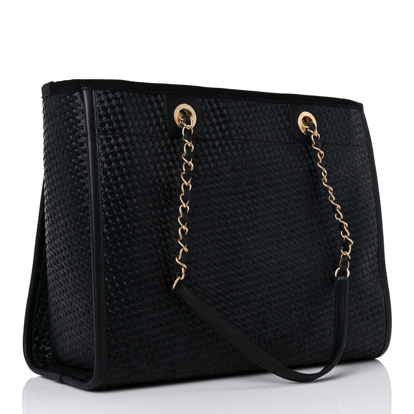 Straw Raffia Calfskin Chain Small Deauville Tote Black