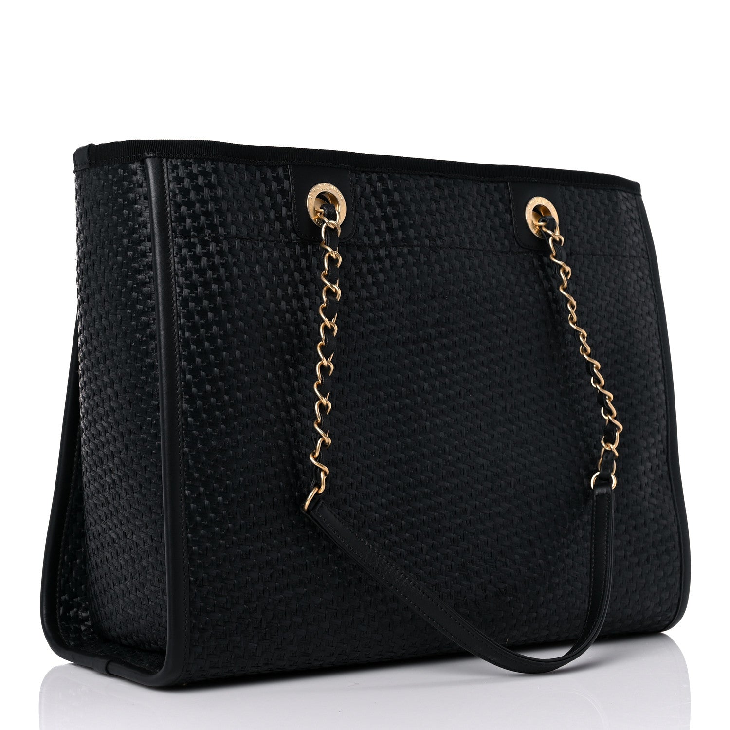Chanel Straw Raffia Calfskin Chain Small Deauville Tote Black 2 of 12
