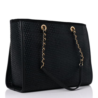 Chanel Straw Raffia Calfskin Chain Small Deauville Tote Black 2 of 12