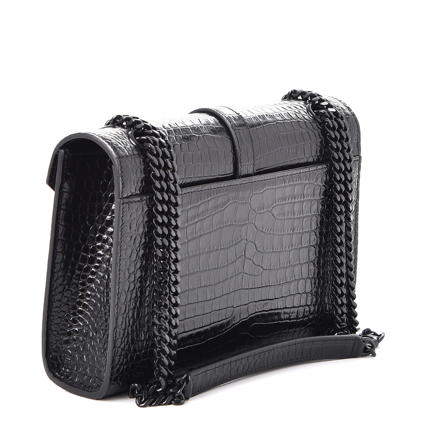 Calfskin Crocodile Embossed Medium Monogram Envelope Chain Shoulder Bag Black
