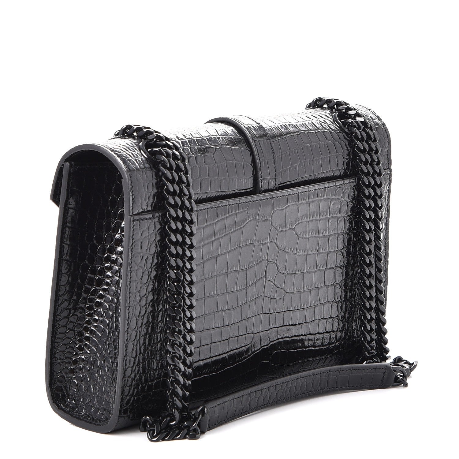 Saint Laurent Calfskin Crocodile Embossed Medium Monogram Envelope Chain Shoulder Bag Black 4 of 8