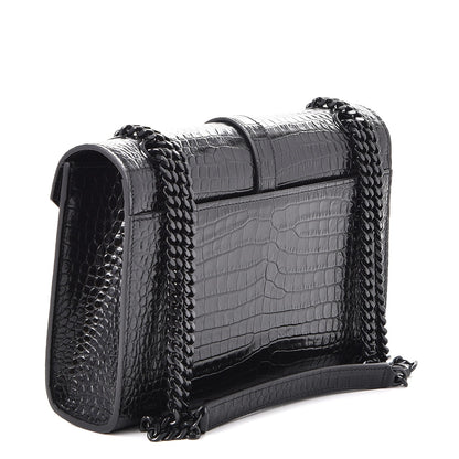 Saint Laurent Calfskin Crocodile Embossed Medium Monogram Envelope Chain Shoulder Bag Black 4 of 8