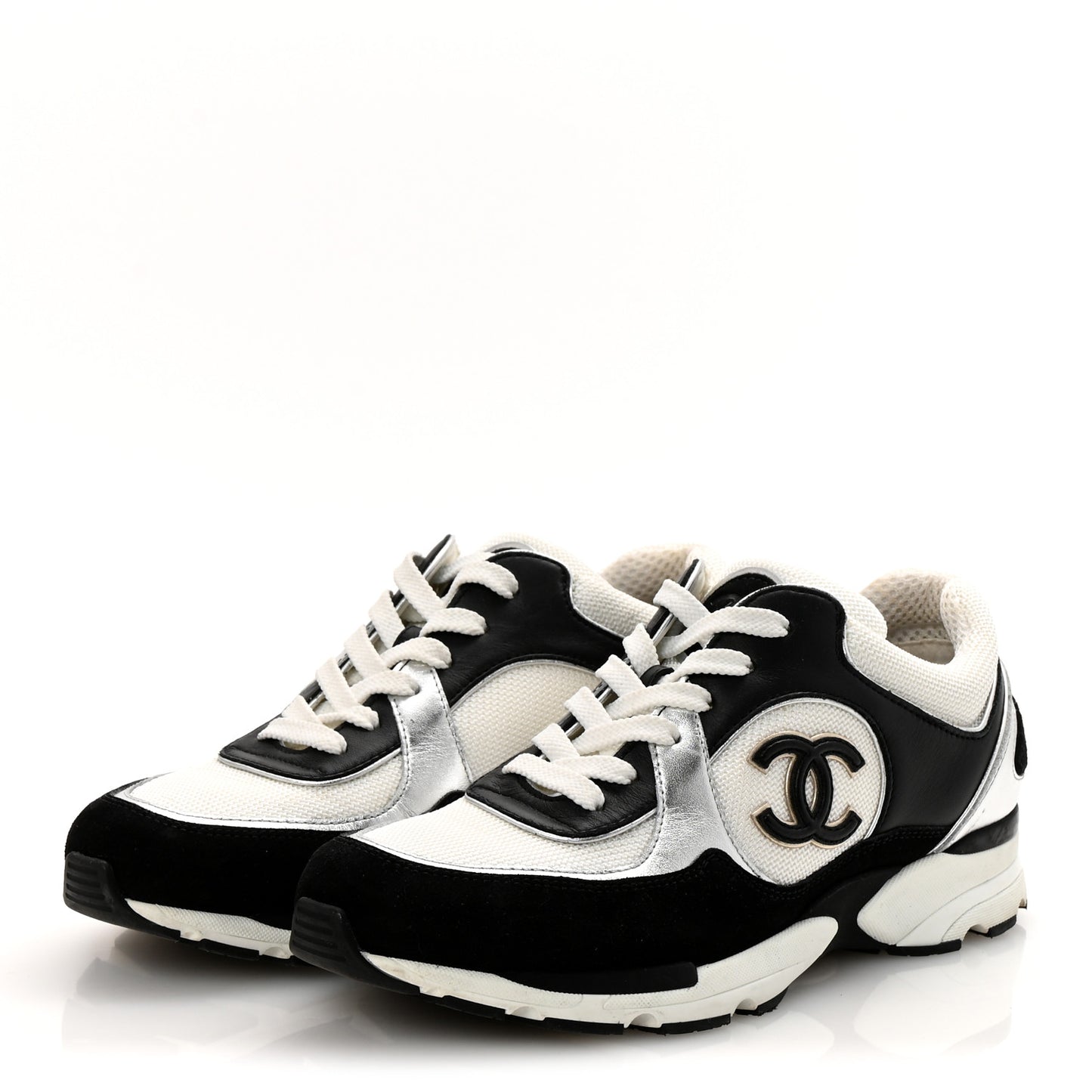 Mesh Suede Calfskin Grained Calfskin Womens CC Sneakers 39 Black White