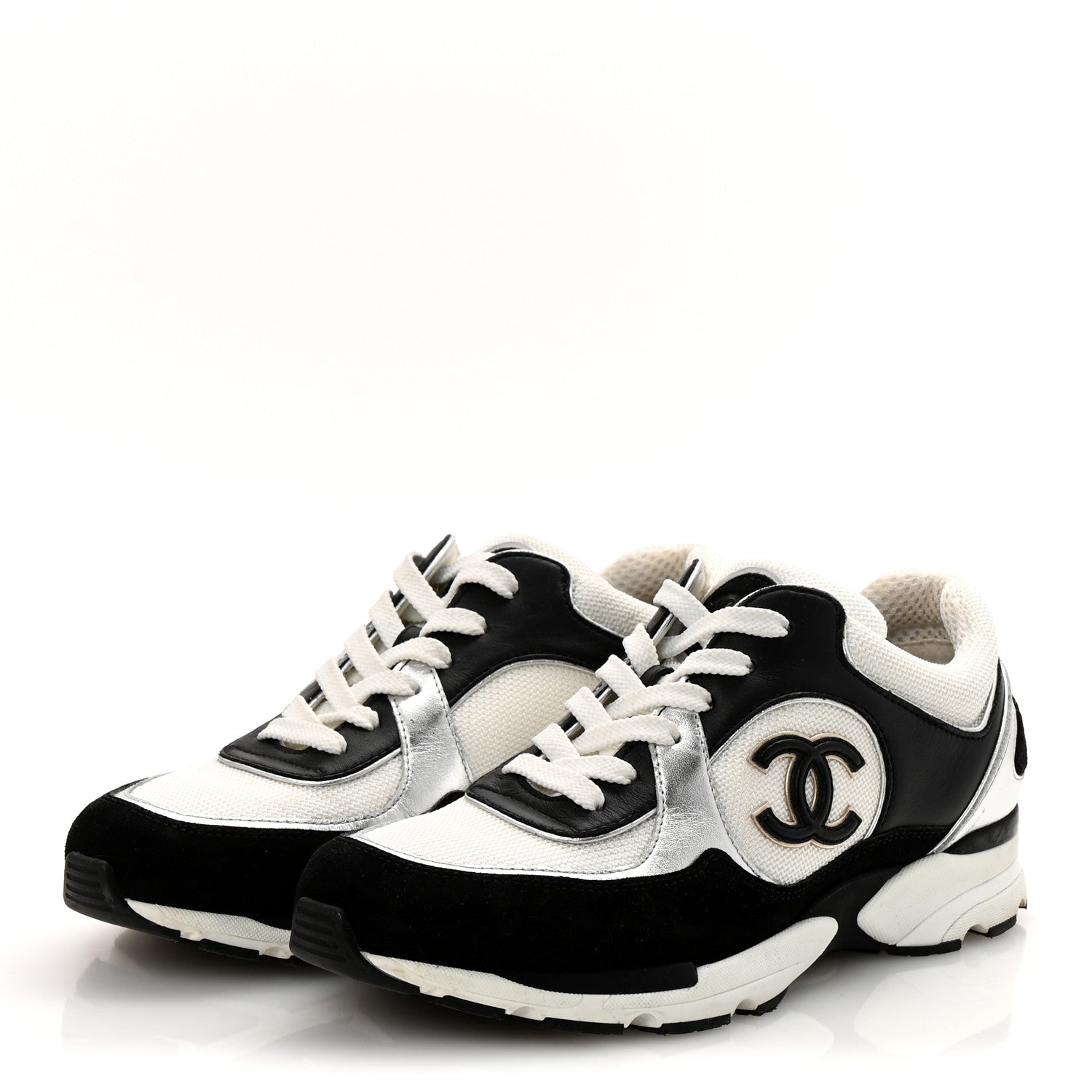 Chanel Mesh Suede Calfskin Grained Calfskin Womens CC Sneakers 39 Black White 4 of 12