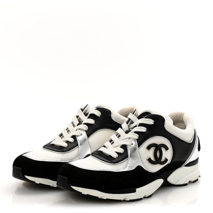 Chanel Mesh Suede Calfskin Grained Calfskin Womens CC Sneakers 39 Black White 4 of 12