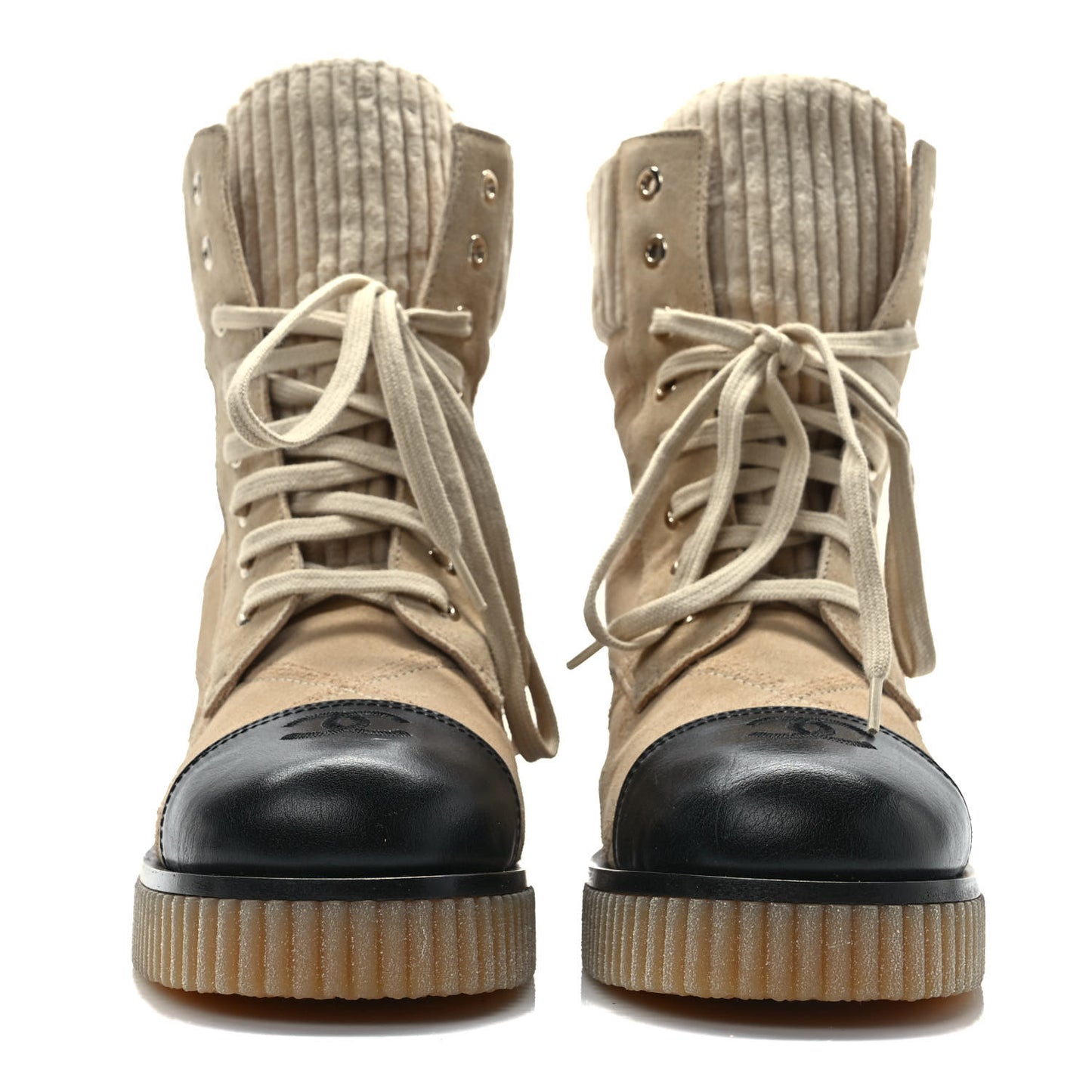 Suede Calfskin Velvet Quilted CC Combat Boots 39 Beige Black