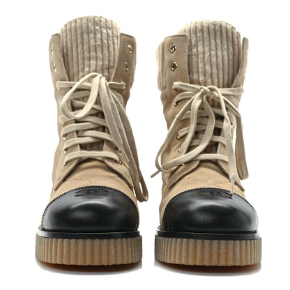 Chanel Suede Calfskin Velvet Quilted CC Combat Boots 39 Beige Black 2 of 7