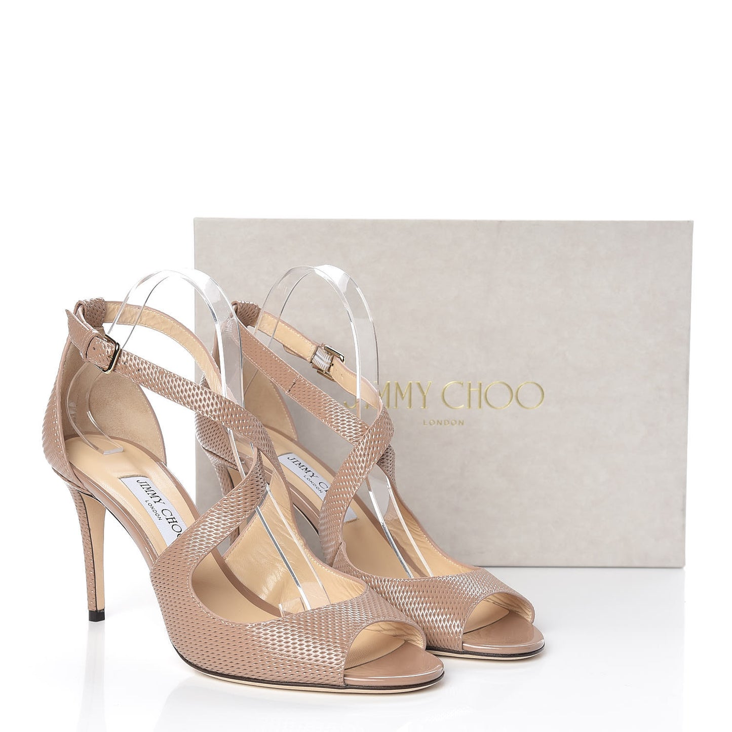 JIMMY CHOO Textured Patent Emily 85 Sandals 40.5 Ballet Pink