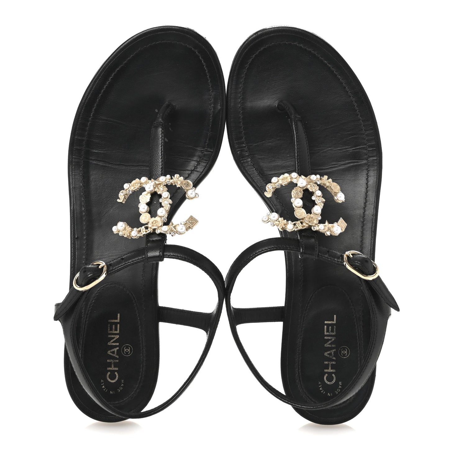 Calfskin Pearl Crystal CC Charm Thong Sandals 36.5 Black