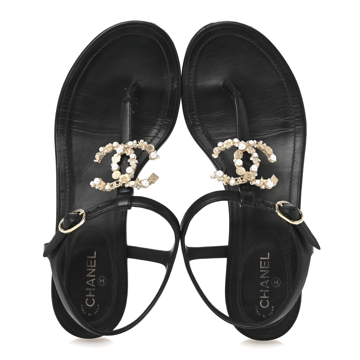 Chanel Calfskin Pearl Crystal CC Charm Thong Sandals 36.5 Black 2 of 11