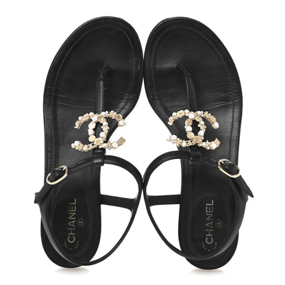 Chanel Calfskin Pearl Crystal CC Charm Thong Sandals 36.5 Black 2 of 11