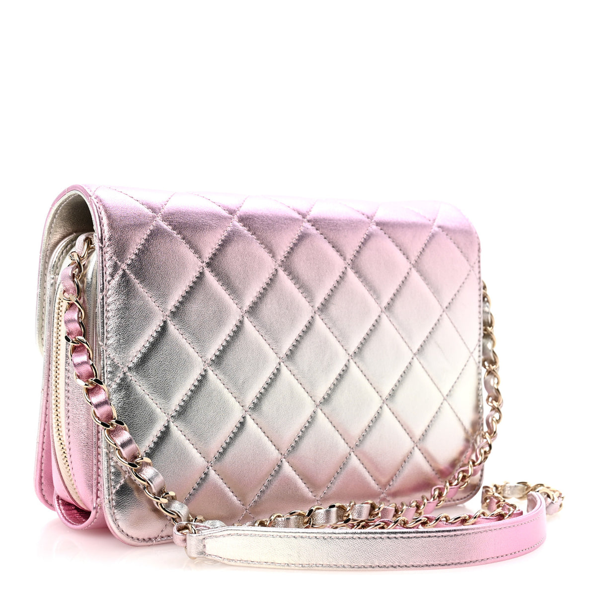 Chanel Metallic Lambskin Quilted Large Like A Wallet Flap Golden Pink 3 of 12