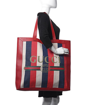Gucci Canvas Calfskin Sylvie Stripe Logo Mens Tote Red White Blue 2 of 9