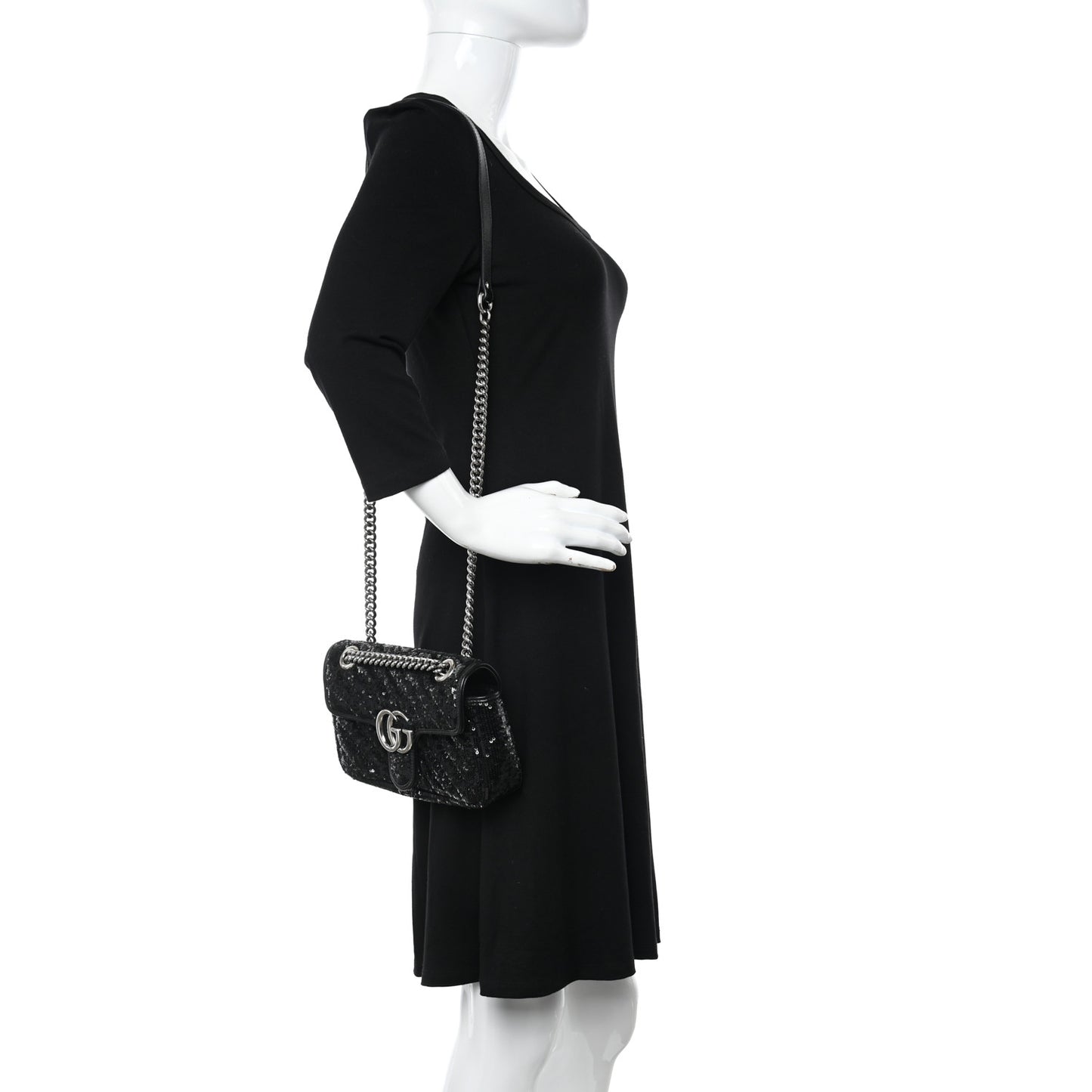 Sequin Matelasse Diagonal Mini GG Marmont Shoulder Bag Black