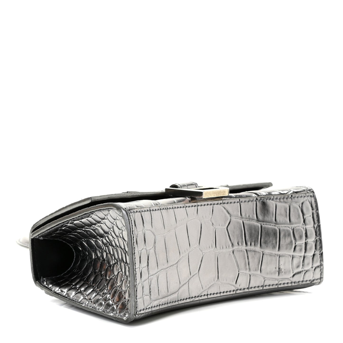 Shiny Calfskin Crocodile Embossed Hourglass Top Handle Bag XS Silver