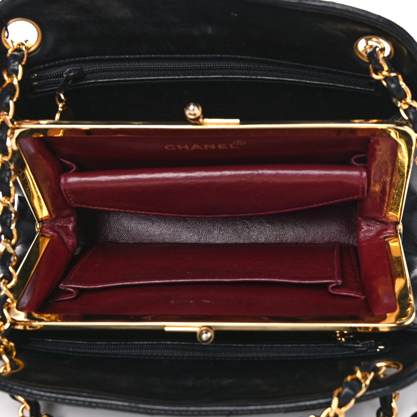 Lambskin Chevron Quilted Frame Shoulder Bag Black