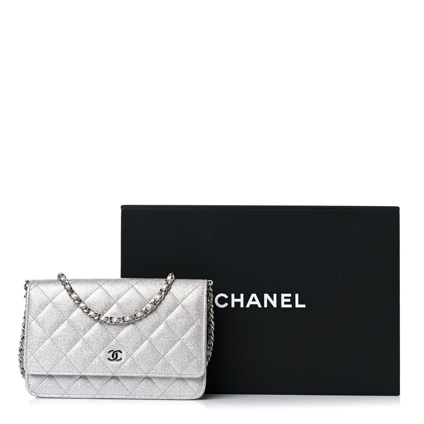 Glittered Metallic Caviar Quilted Wallet On Chain WOC Silver