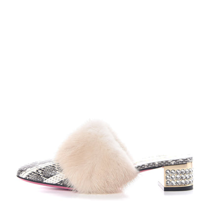 Gucci Snakeskin Fur Crystal Snake Candy Mules 36 Natural 1 of 9