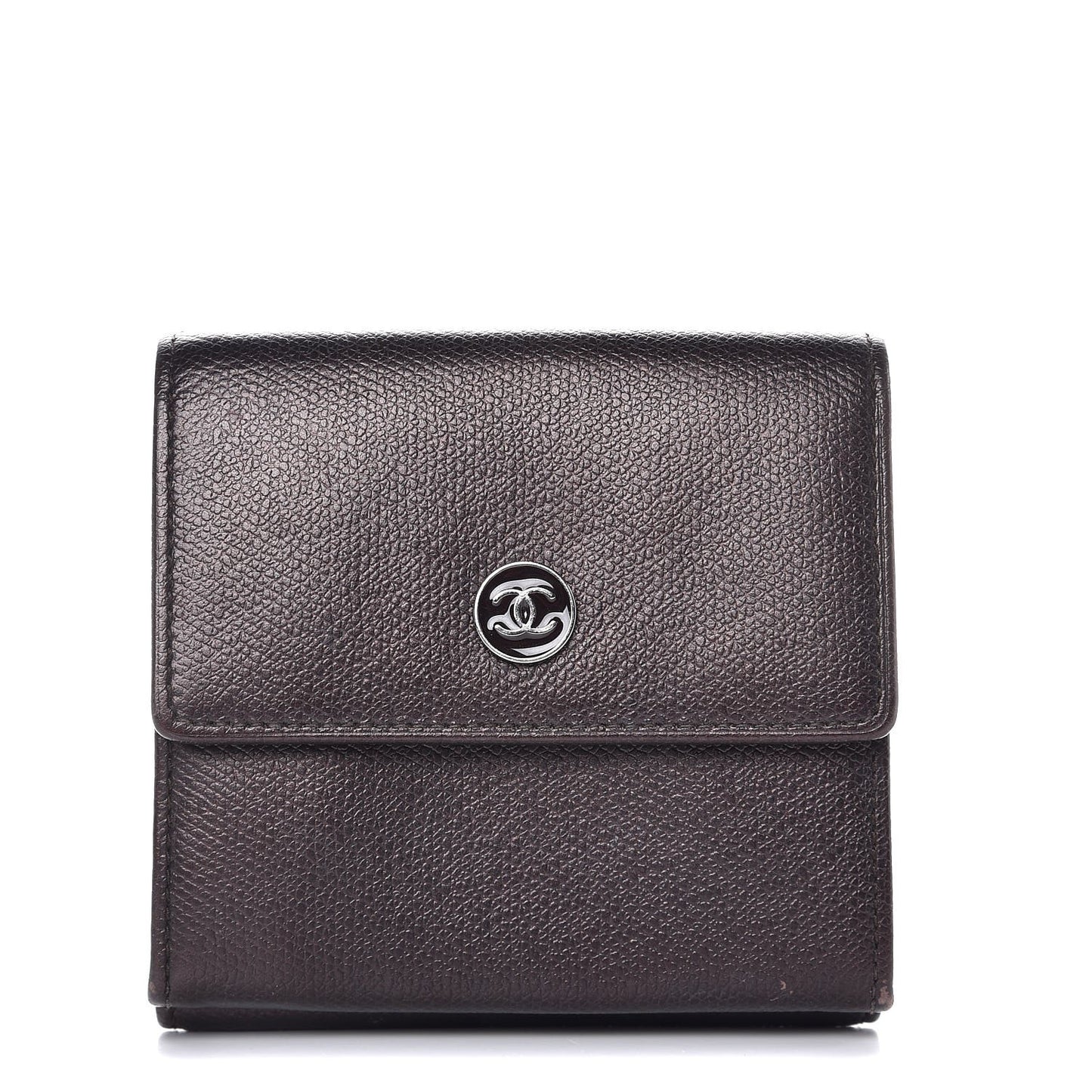 Grained Calfskin CC Button Compact Wallet Dark Brown