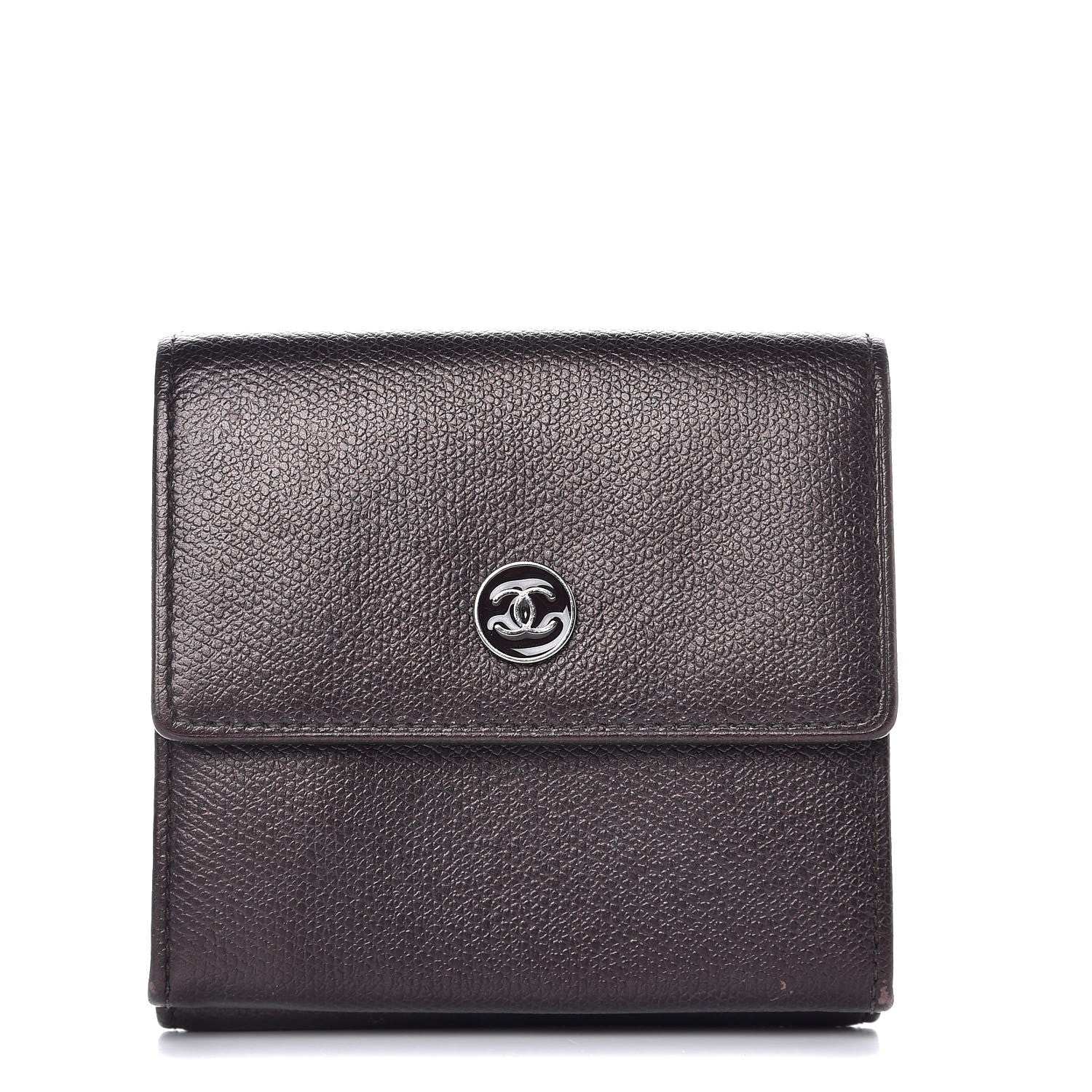 Chanel Grained Calfskin CC Button Compact Wallet Dark Brown 1 of 8