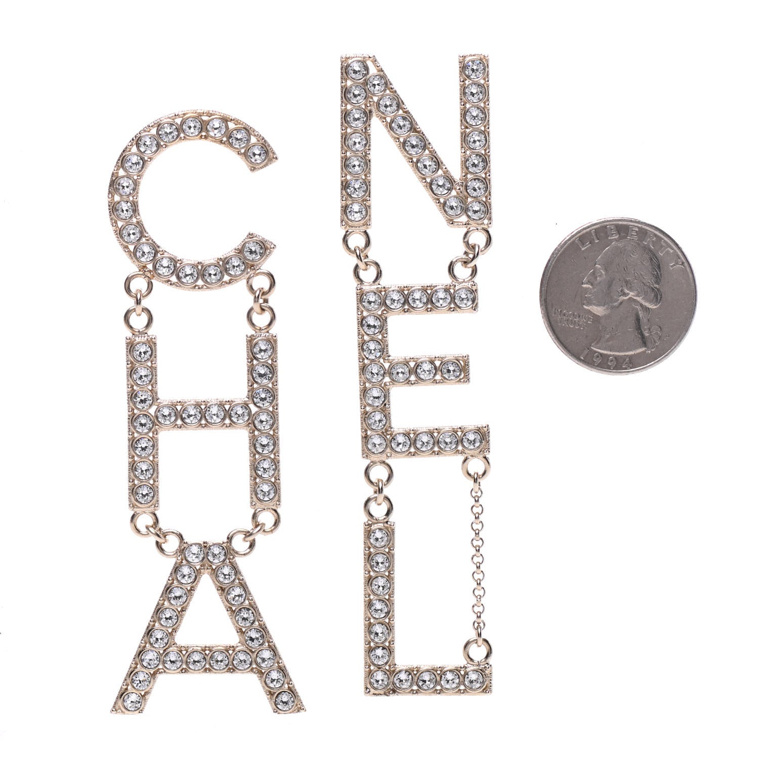 Chanel Crystal Cha-Nel Logo Drop Earrings Gold 2 of 5