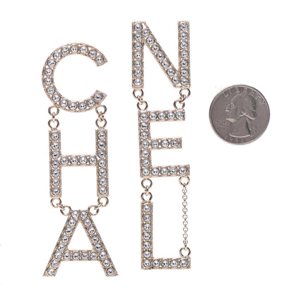 Chanel Crystal Cha-Nel Logo Drop Earrings Gold 2 of 5
