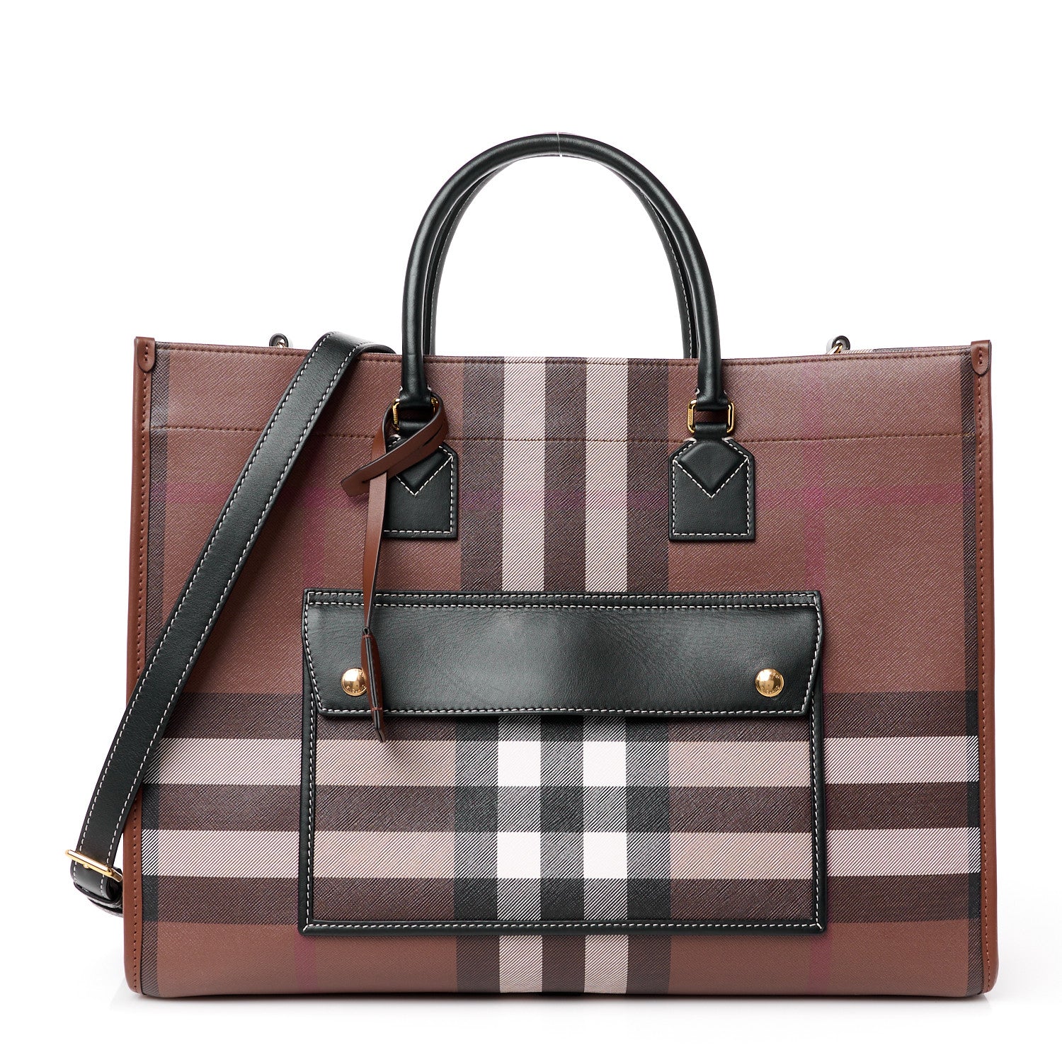 Burberry E-Canvas Check Calfskin Medium Freya Tote Dark Birch Brown 1 of 12