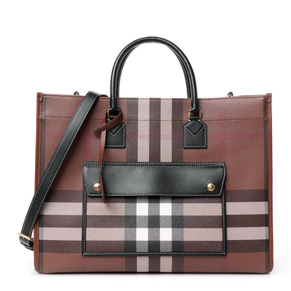 Burberry E-Canvas Check Calfskin Medium Freya Tote Dark Birch Brown 1 of 12