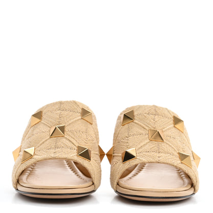 Valentino Garavani Raffia Roman Stud 65mm Slide Sandals 38 Sahara Beige 3 of 9