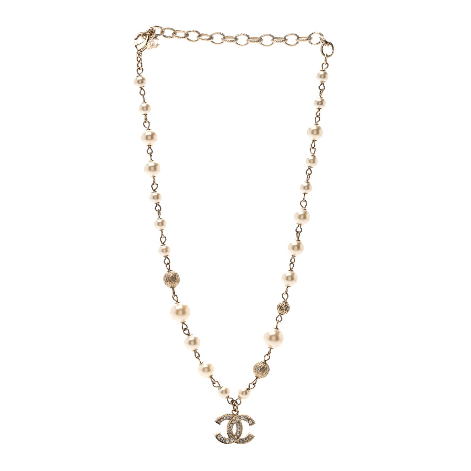 Chanel Strass Crystal Pearl Beaded CC Short Necklace Gold 3 of 6
