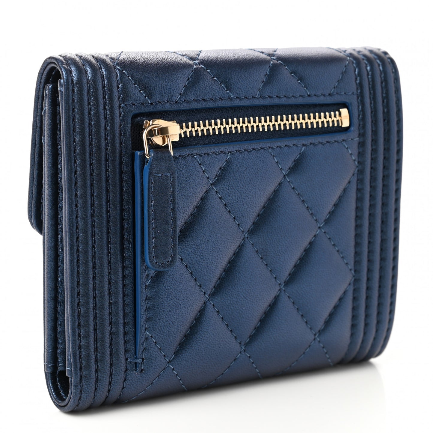 Metallic Lambskin Quilted Compact Boy Wallet Blue