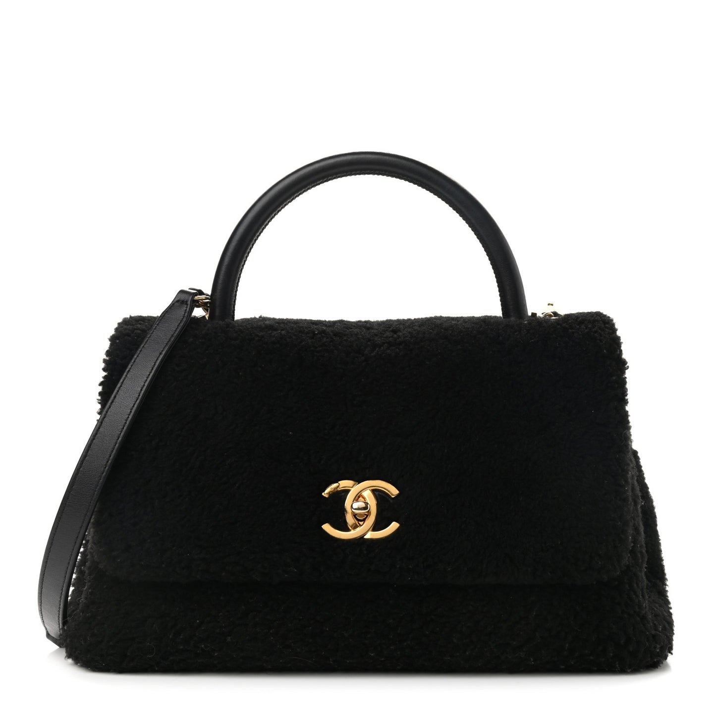 Shearling Lambskin Medium Coco Handle Flap Black