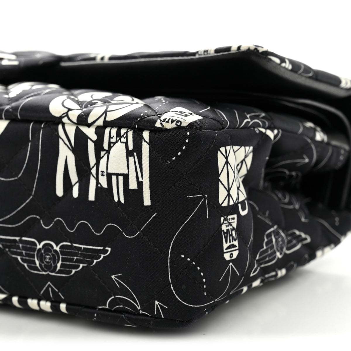 Satin Airline Printed Medium Double Flap Black White