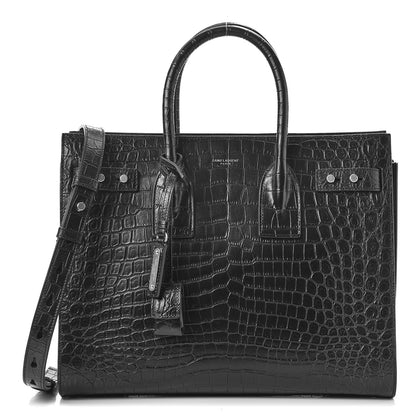 Saint Laurent Calfskin Crocodile Embossed Small Supple Sac de Jour Black 1 of 8