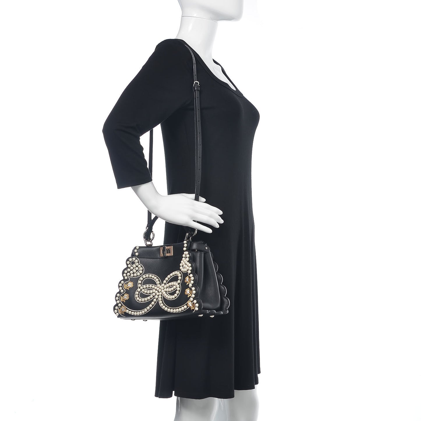 Calfskin Flowers and Bows Scalloped Mini Peekaboo Iconic Satchel Black Camelia