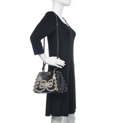 Fendi Calfskin Flowers and Bows Scalloped Mini Peekaboo Iconic Satchel Black Camelia 2 of 10